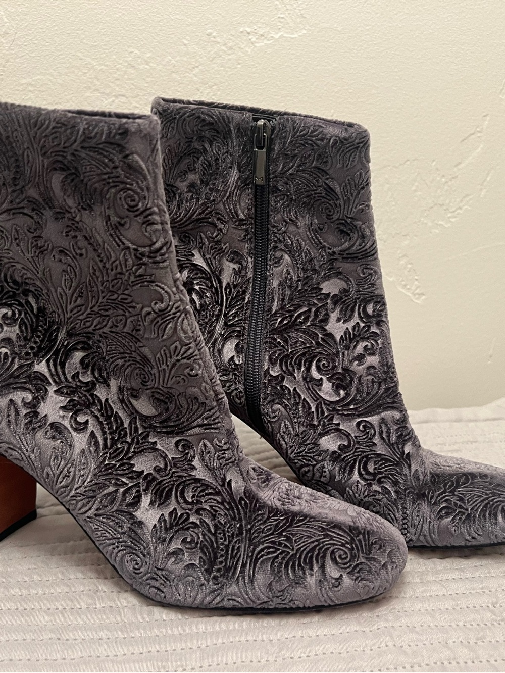 Marc Fisher Gray Embossed Velvet Ankle Boots